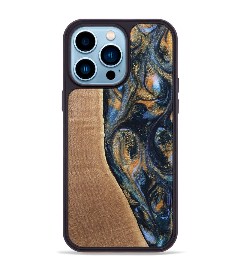 iPhone 14 Pro Max Wood Phone Case - Mikal (Teal & Gold, 739222)