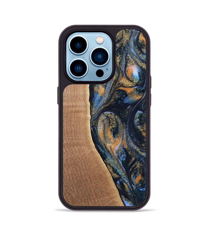 iPhone 14 Pro Wood Phone Case - Mikal (Teal & Gold, 739222)