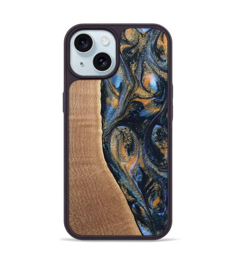 iPhone 15 Wood Phone Case - Mikal (Teal & Gold, 739222)