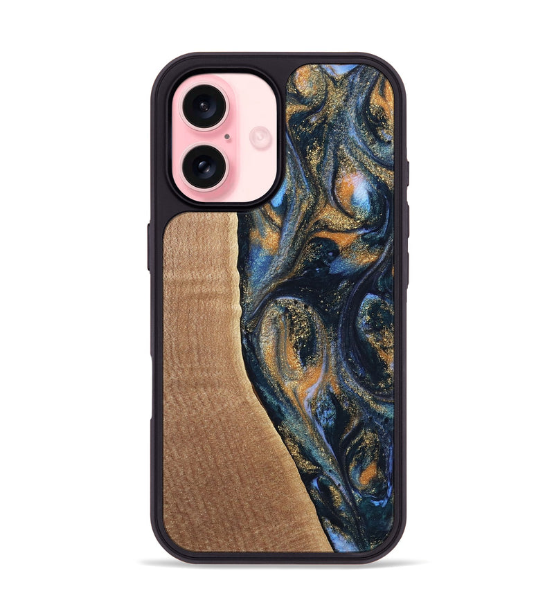 iPhone 16 Wood Phone Case - Mikal (Teal & Gold, 739222)