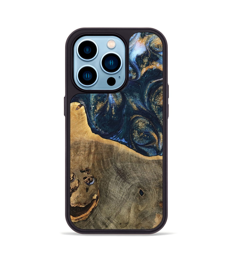 iPhone 14 Pro Wood Phone Case - Gussi (Teal & Gold, 739305)