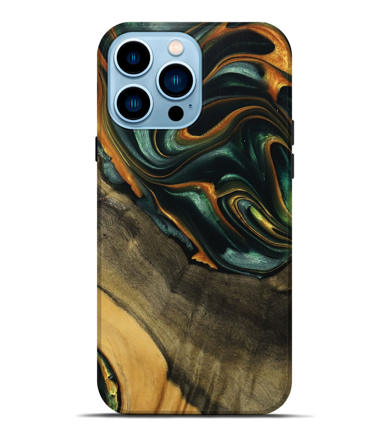 iPhone 14 Pro Max Wood Live Edge Phone Case - Nazib (Teal & Gold, 739481)