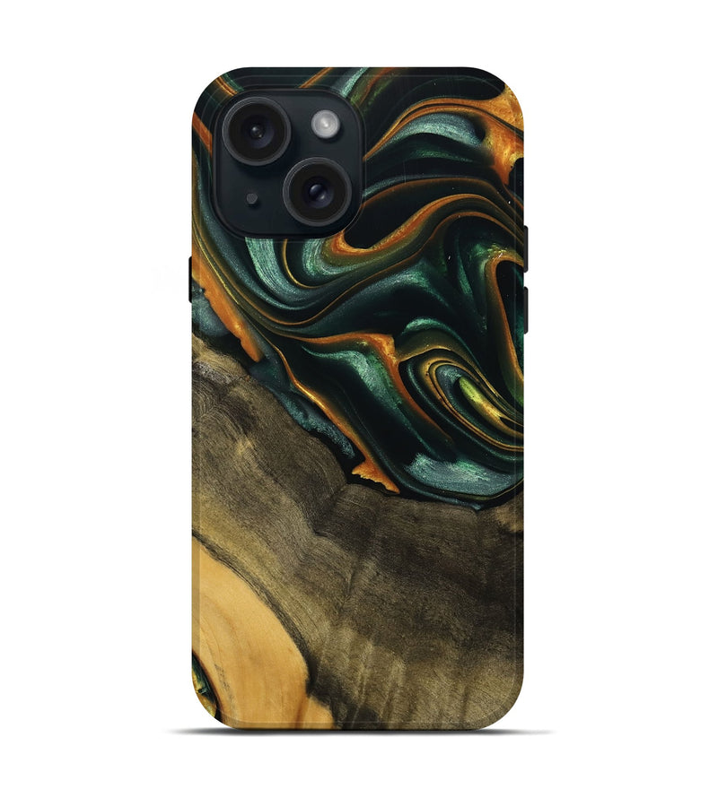 iPhone 15 Wood Live Edge Phone Case - Nazib (Teal & Gold, 739481)