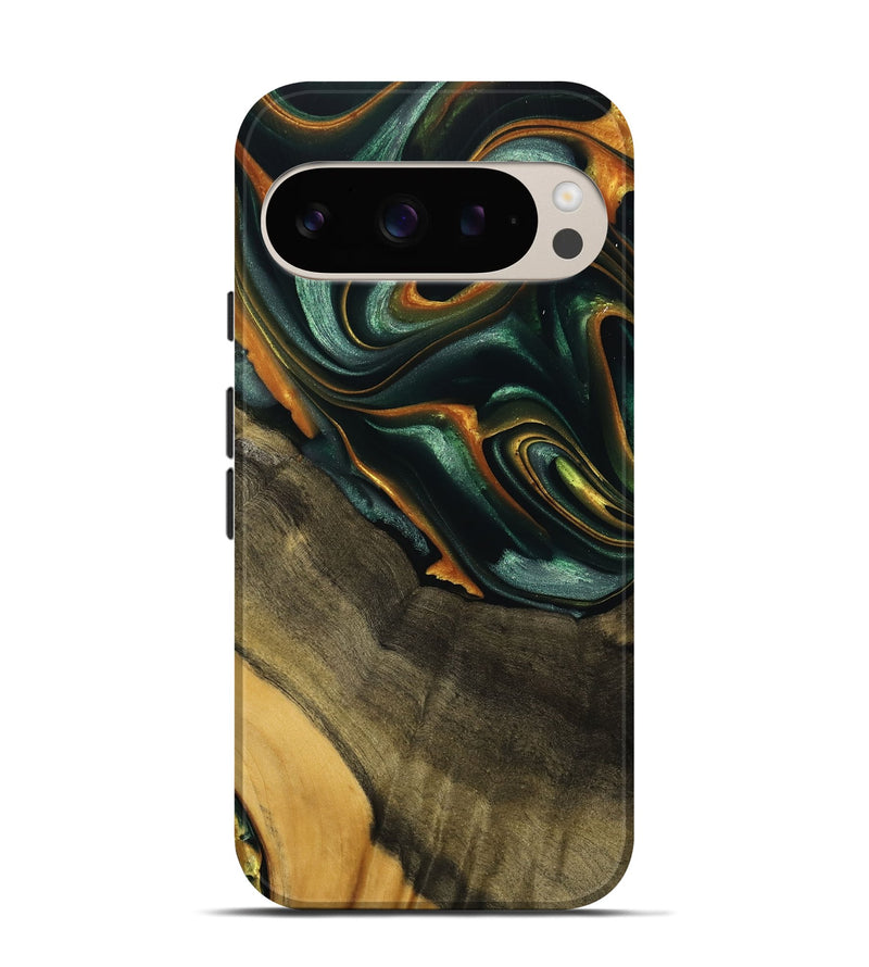 Pixel 9 Pro Wood Live Edge Phone Case - Nazib (Teal & Gold, 739481)