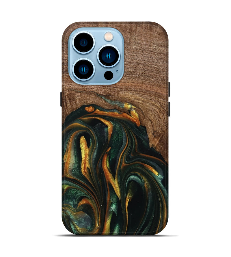 iPhone 14 Pro Wood Live Edge Phone Case - Stacia (Teal & Gold, 739482)