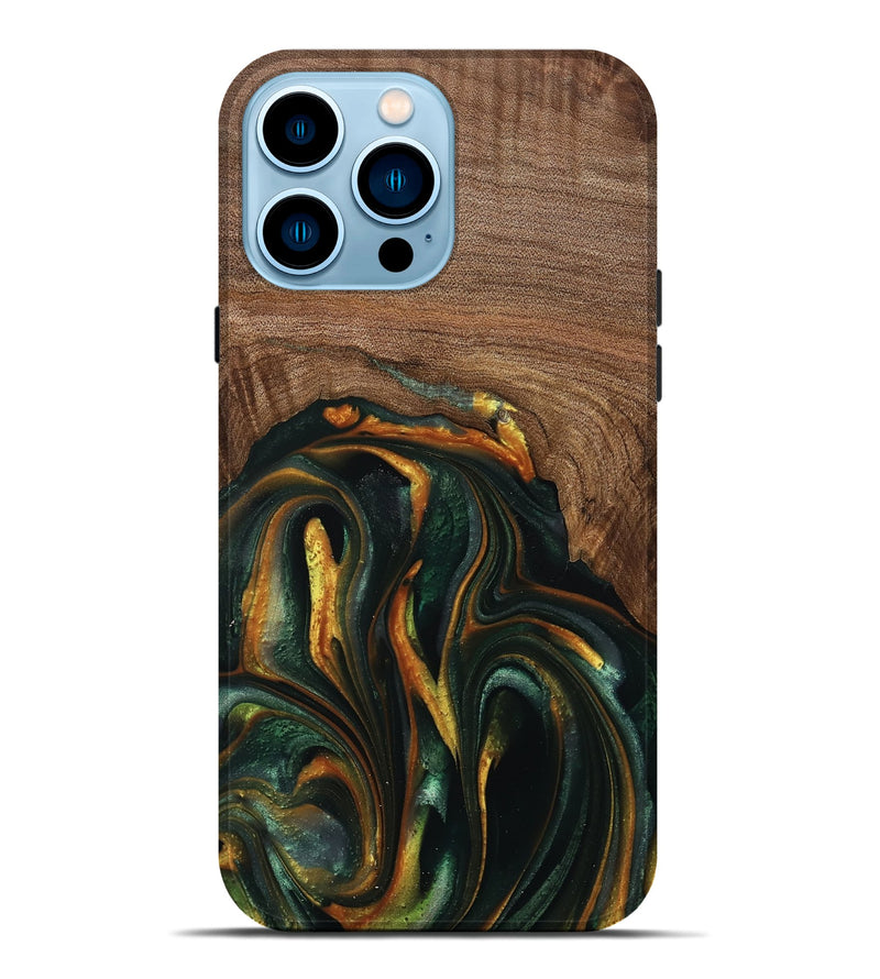 iPhone 14 Pro Max Wood Live Edge Phone Case - Stacia (Teal & Gold, 739482)