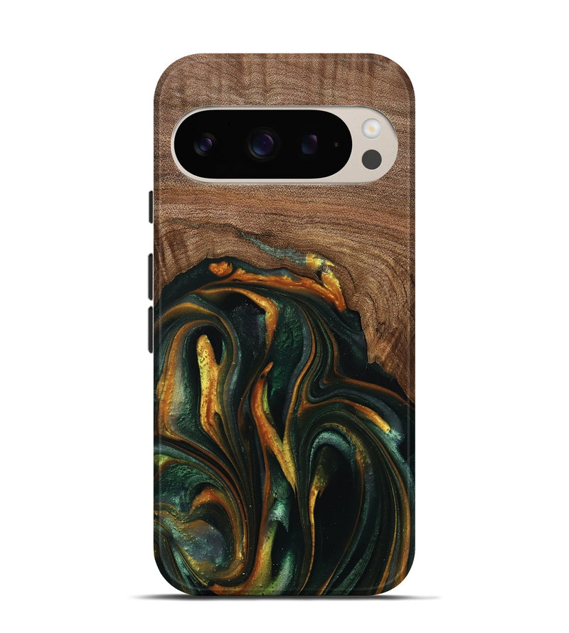 Pixel 9 Pro Wood Live Edge Phone Case - Stacia (Teal & Gold, 739482)