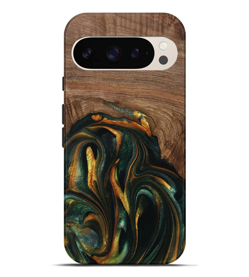 Pixel 9 Pro XL Wood Live Edge Phone Case - Stacia (Teal & Gold, 739482)