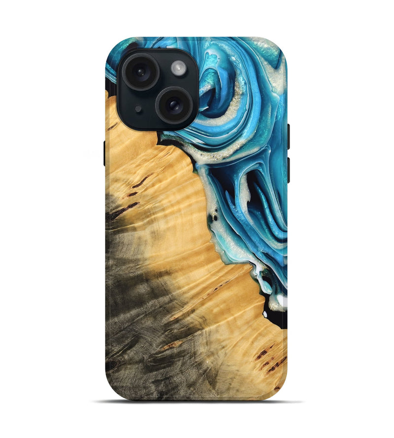 iPhone 15 Wood Live Edge Phone Case - Karla (Blue, 739489)