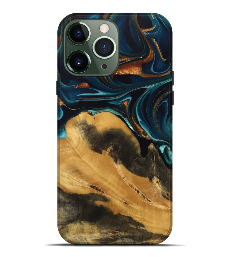 iPhone 13 Pro Max Wood Live Edge Phone Case - Jessika (Teal & Gold, 739499)