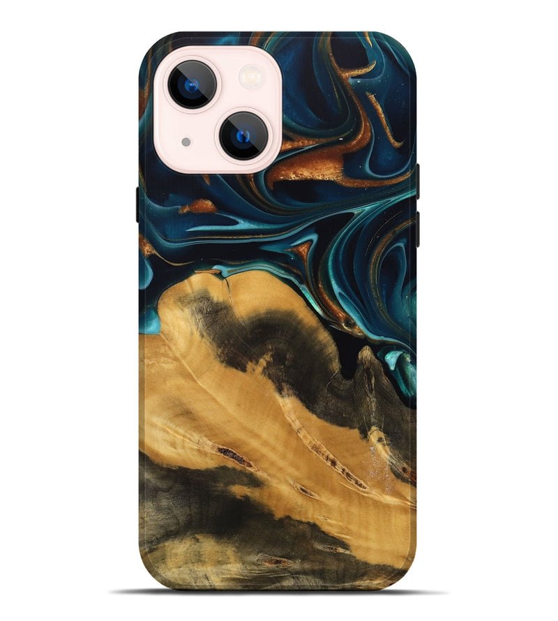 iPhone 14 Plus Wood Live Edge Phone Case - Jessika (Teal & Gold, 739499)