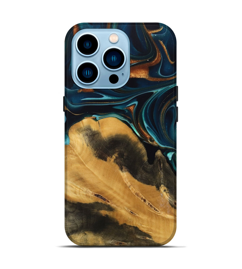 iPhone 14 Pro Wood Live Edge Phone Case - Jessika (Teal & Gold, 739499)