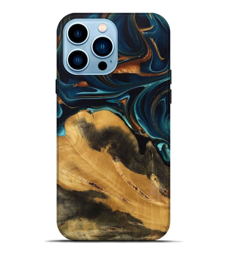 iPhone 14 Pro Max Wood Live Edge Phone Case - Jessika (Teal & Gold, 739499)