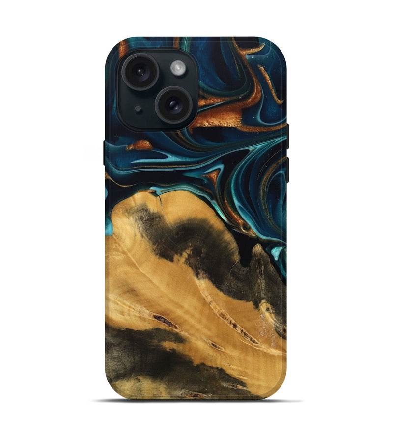 iPhone 15 Wood Live Edge Phone Case - Jessika (Teal & Gold, 739499)