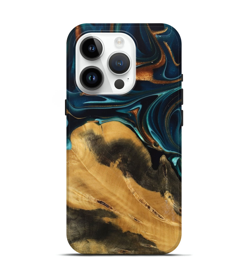 iPhone 15 Pro Wood Live Edge Phone Case - Jessika (Teal & Gold, 739499)