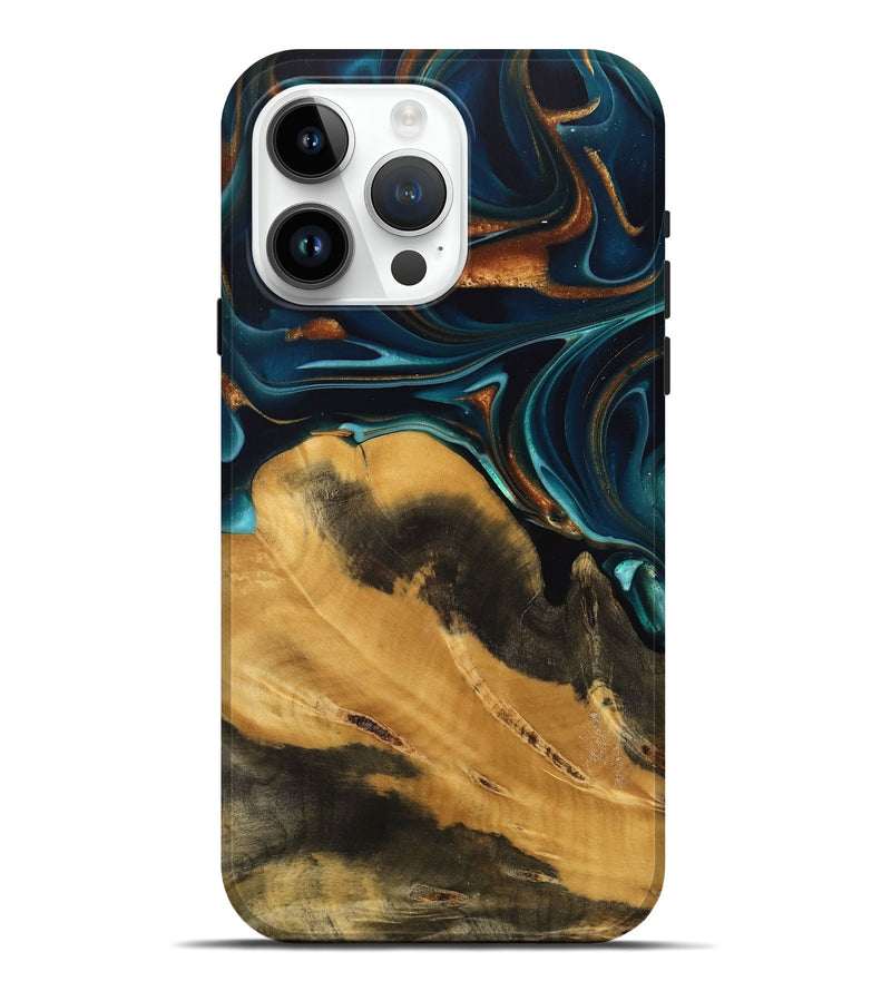 iPhone 15 Pro Max Wood Live Edge Phone Case - Jessika (Teal & Gold, 739499)