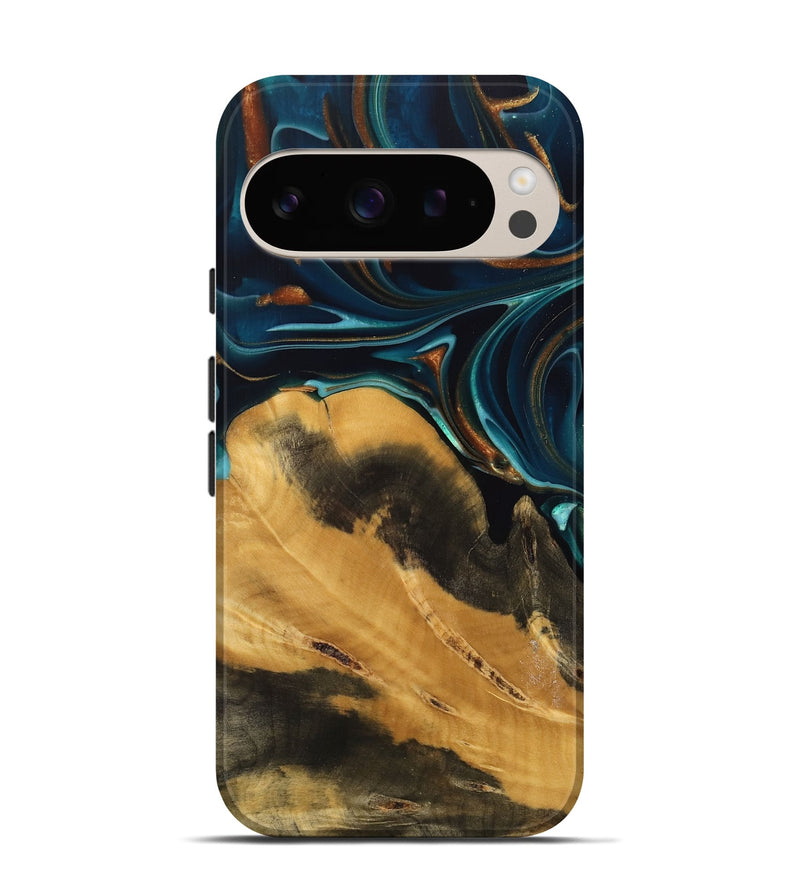 Pixel 9 Pro Wood Live Edge Phone Case - Jessika (Teal & Gold, 739499)