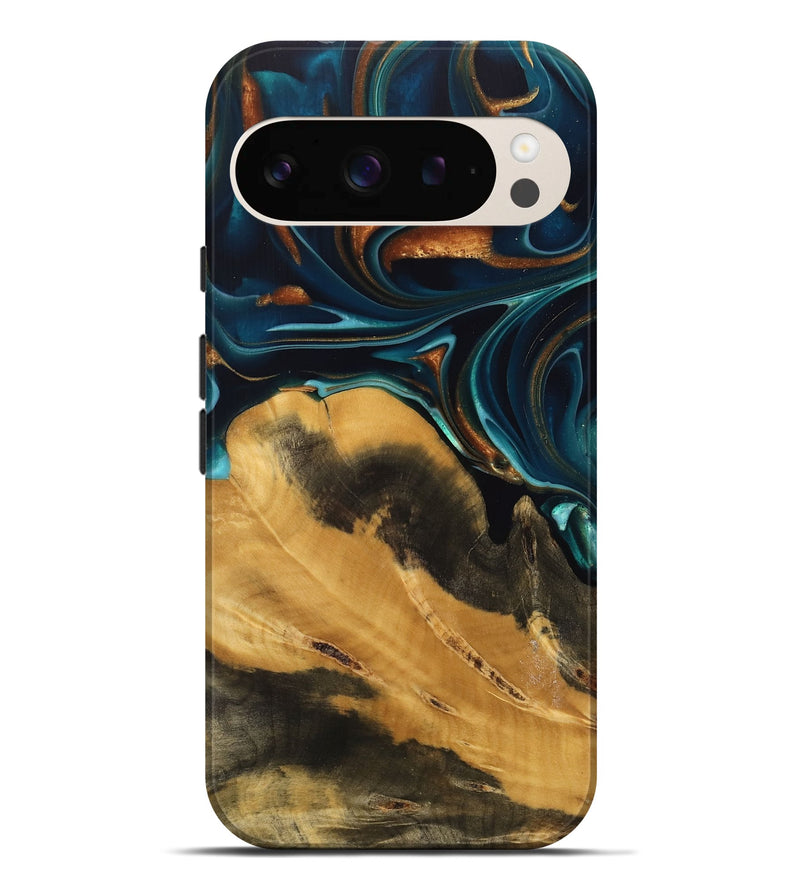 Pixel 9 Pro XL Wood Live Edge Phone Case - Jessika (Teal & Gold, 739499)