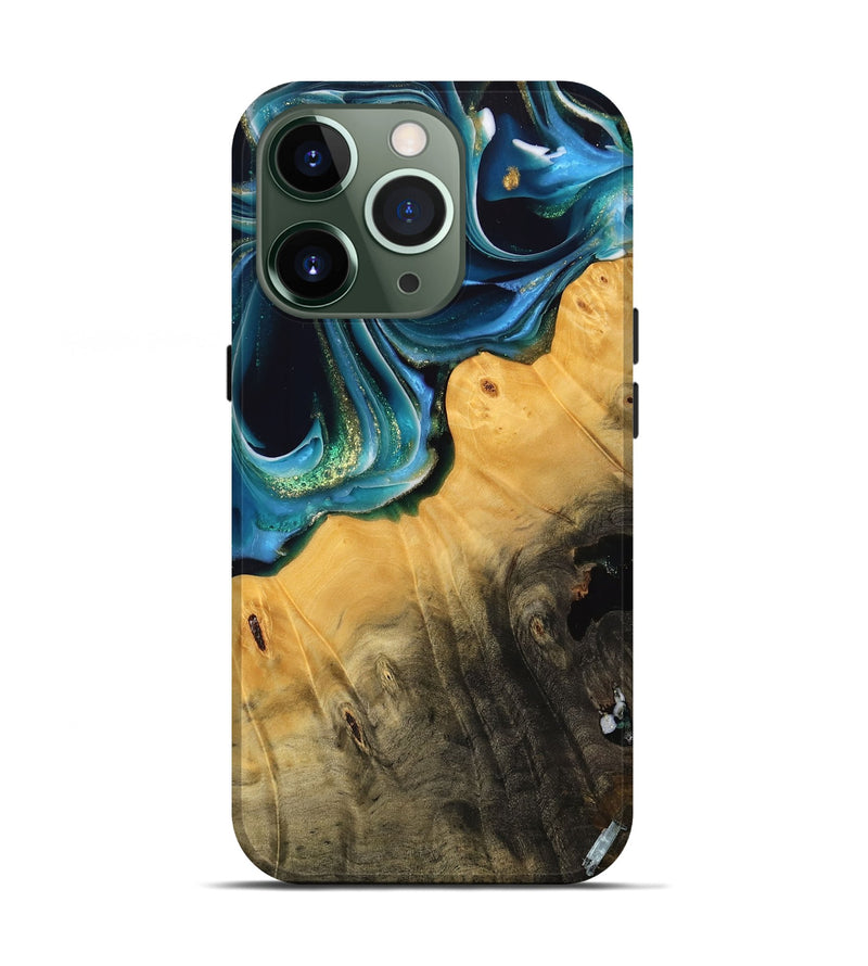 iPhone 13 Pro Wood Live Edge Phone Case - Lydell (Teal & Gold, 739513)