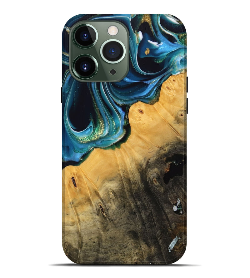 iPhone 13 Pro Max Wood Live Edge Phone Case - Lydell (Teal & Gold, 739513)