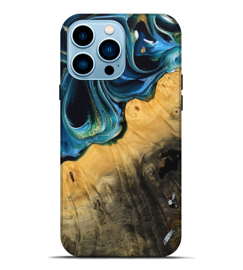 iPhone 14 Pro Max Wood Live Edge Phone Case - Lydell (Teal & Gold, 739513)