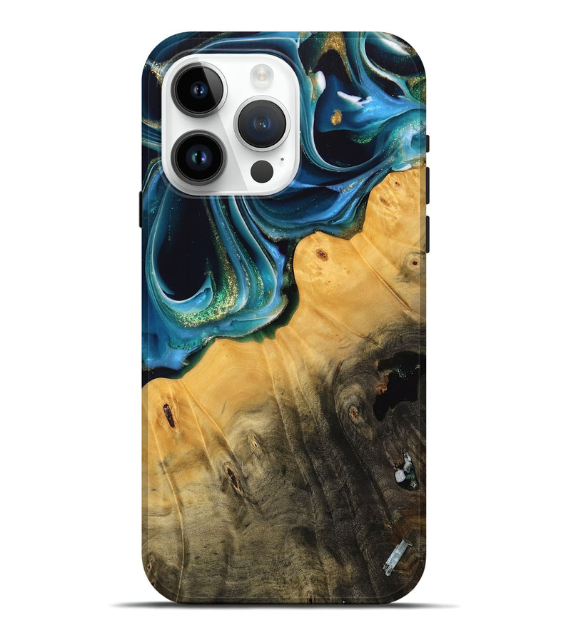 iPhone 15 Pro Max Wood Live Edge Phone Case - Lydell (Teal & Gold, 739513)