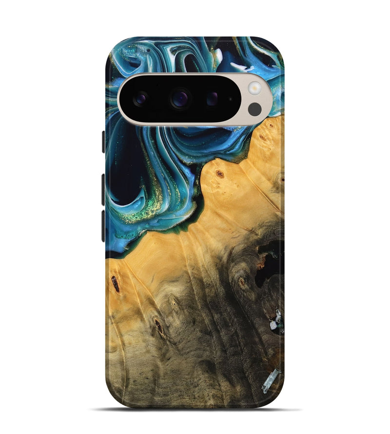 Pixel 9 Pro Wood Live Edge Phone Case - Lydell (Teal & Gold, 739513)