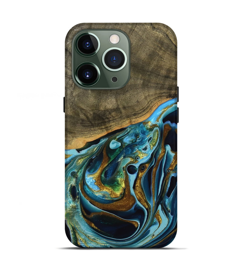 iPhone 13 Pro Wood Live Edge Phone Case - Filia (Teal & Gold, 739518)