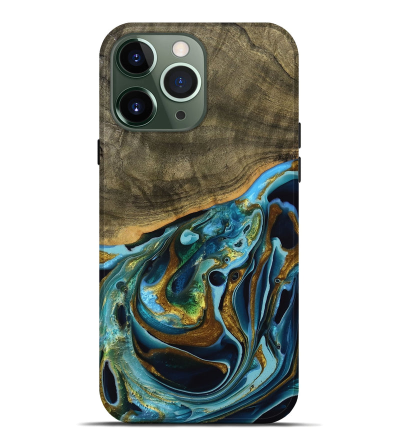 iPhone 13 Pro Max Wood Live Edge Phone Case - Filia (Teal & Gold, 739518)