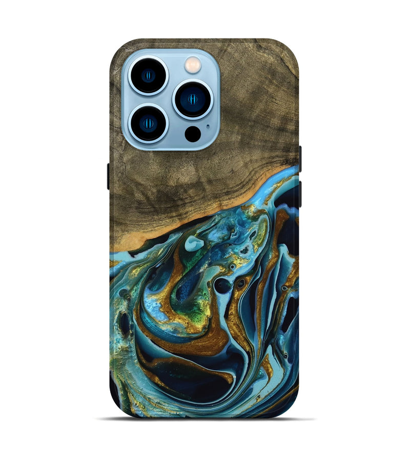 iPhone 14 Pro Wood Live Edge Phone Case - Filia (Teal & Gold, 739518)