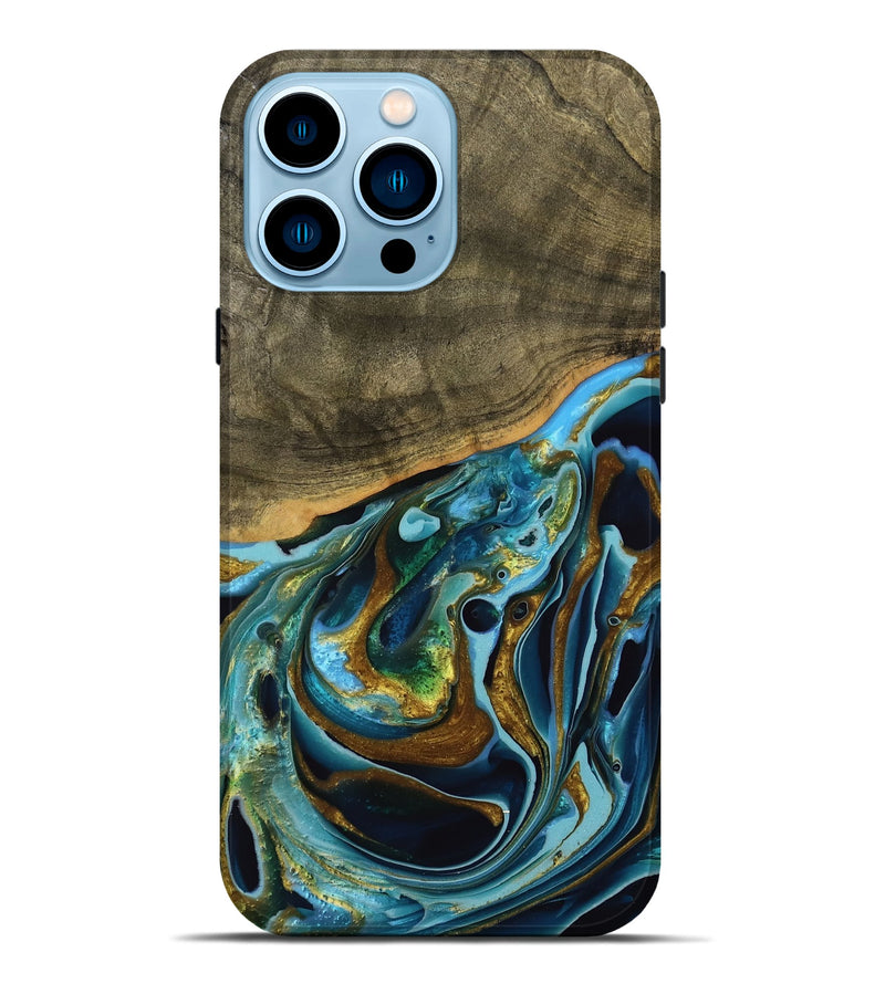 iPhone 14 Pro Max Wood Live Edge Phone Case - Filia (Teal & Gold, 739518)