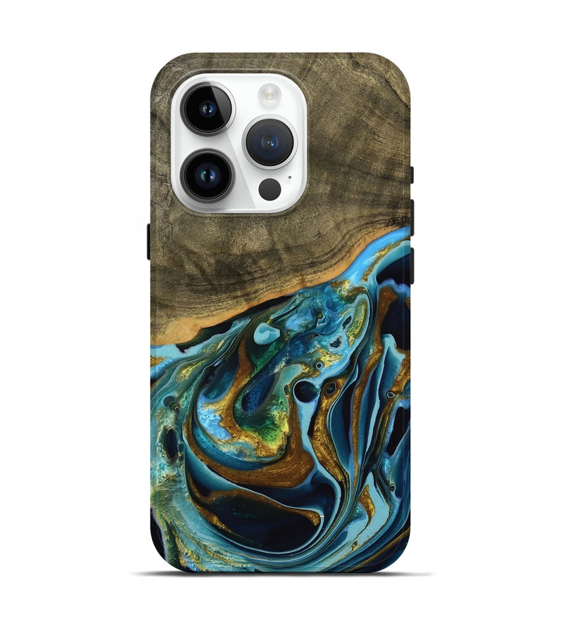 iPhone 15 Pro Wood Live Edge Phone Case - Filia (Teal & Gold, 739518)