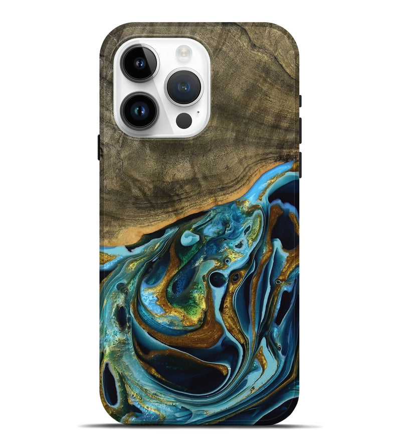 iPhone 15 Pro Max Wood Live Edge Phone Case - Filia (Teal & Gold, 739518)