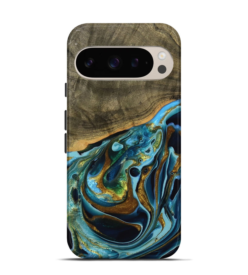 Pixel 9 Pro Wood Live Edge Phone Case - Filia (Teal & Gold, 739518)