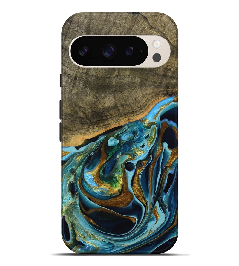 Pixel 9 Pro XL Wood Live Edge Phone Case - Filia (Teal & Gold, 739518)