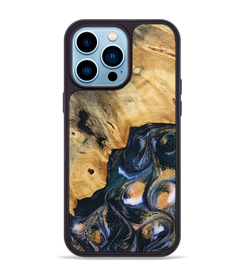 iPhone 14 Pro Max Wood Phone Case - Sacha (Teal & Gold, 739554)