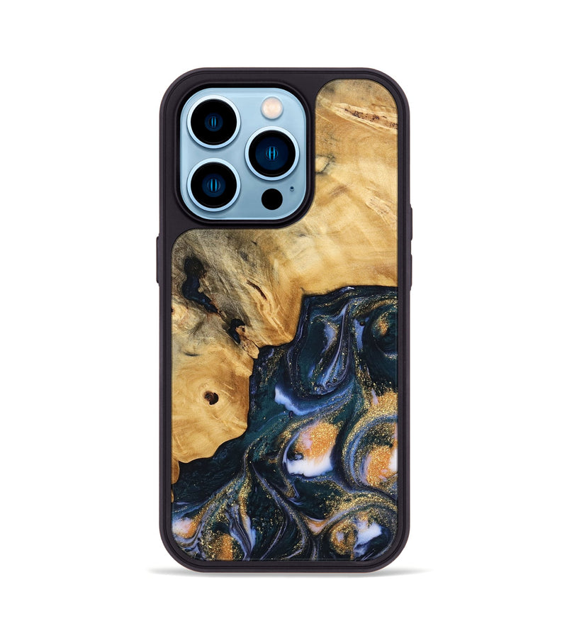 iPhone 14 Pro Wood Phone Case - Sacha (Teal & Gold, 739554)