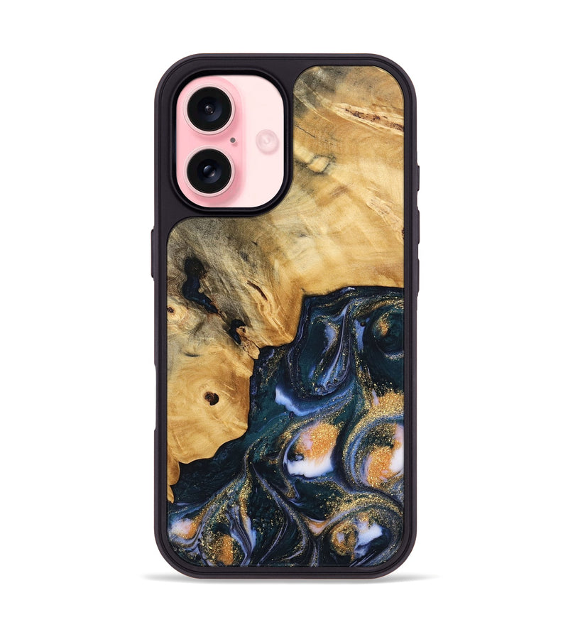 iPhone 16 Wood Phone Case - Sacha (Teal & Gold, 739554)