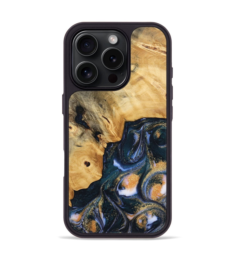 iPhone 16 Pro Wood Phone Case - Sacha (Teal & Gold, 739554)