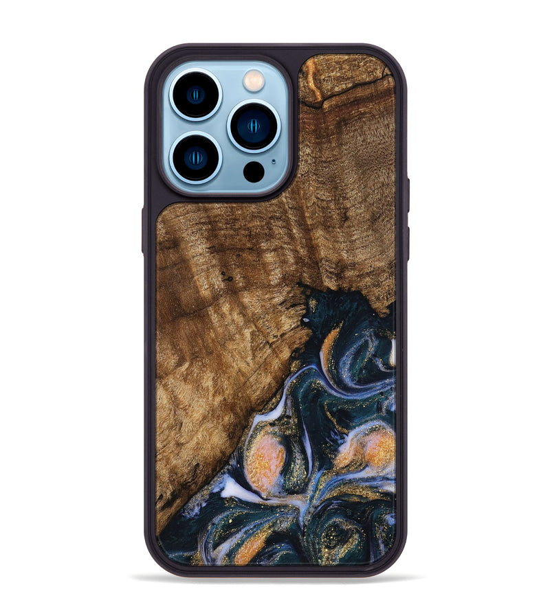 iPhone 14 Pro Max Wood Phone Case - Sydnee (Teal & Gold, 739598)