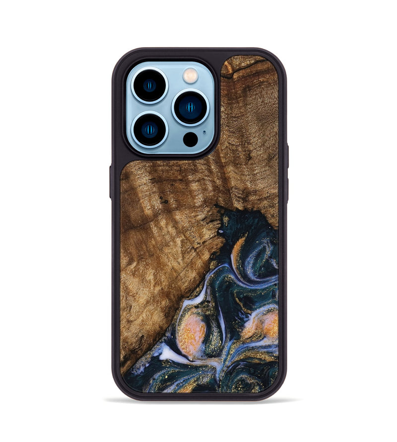 iPhone 14 Pro Wood Phone Case - Sydnee (Teal & Gold, 739598)