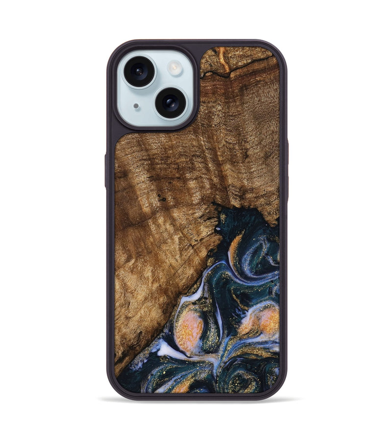 iPhone 15 Wood Phone Case - Sydnee (Teal & Gold, 739598)