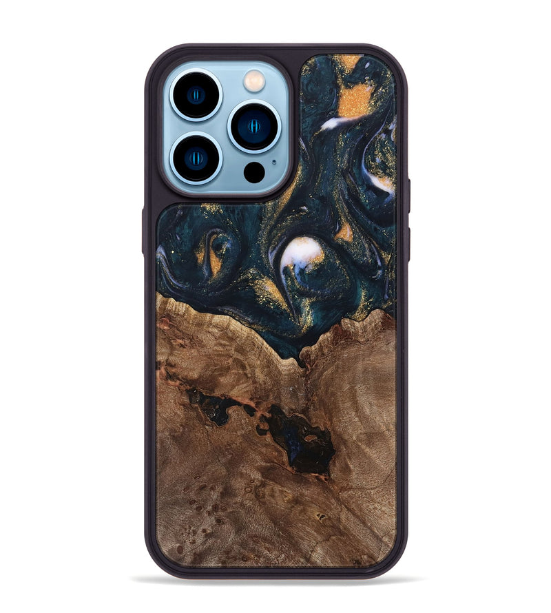 iPhone 14 Pro Max Wood Phone Case - Jolette (Teal & Gold, 739672)