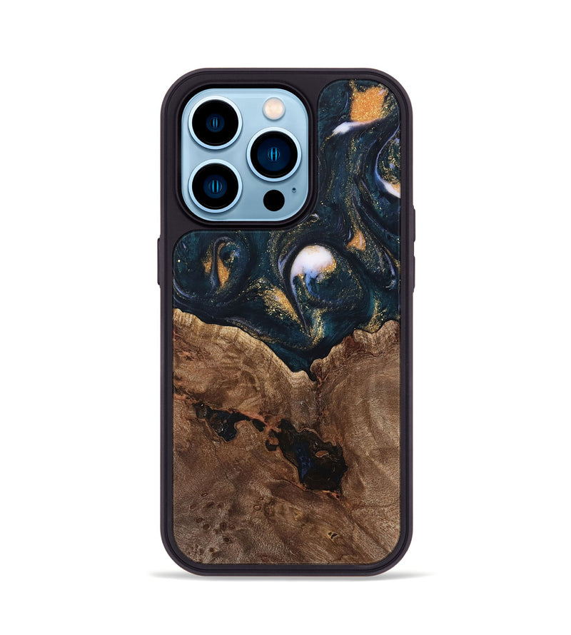 iPhone 14 Pro Wood Phone Case - Jolette (Teal & Gold, 739672)