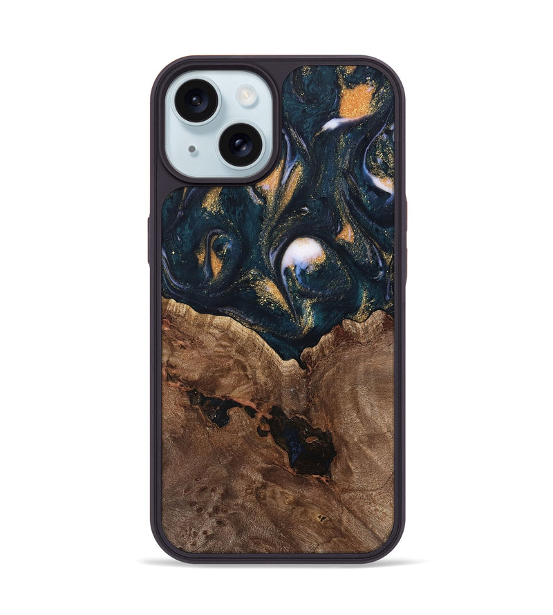 iPhone 15 Wood Phone Case - Jolette (Teal & Gold, 739672)