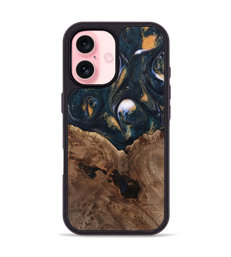 iPhone 16 Wood Phone Case - Jolette (Teal & Gold, 739672)