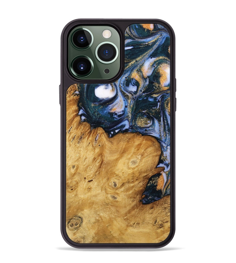 iPhone 13 Pro Max Wood Phone Case - Katey (Teal & Gold, 739804)