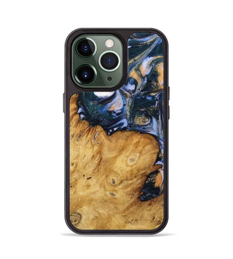 iPhone 13 Pro Wood Phone Case - Katey (Teal & Gold, 739804)