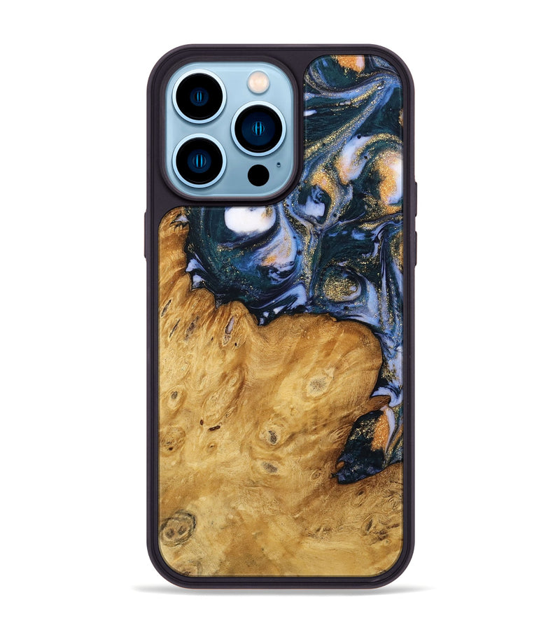 iPhone 14 Pro Max Wood Phone Case - Katey (Teal & Gold, 739804)