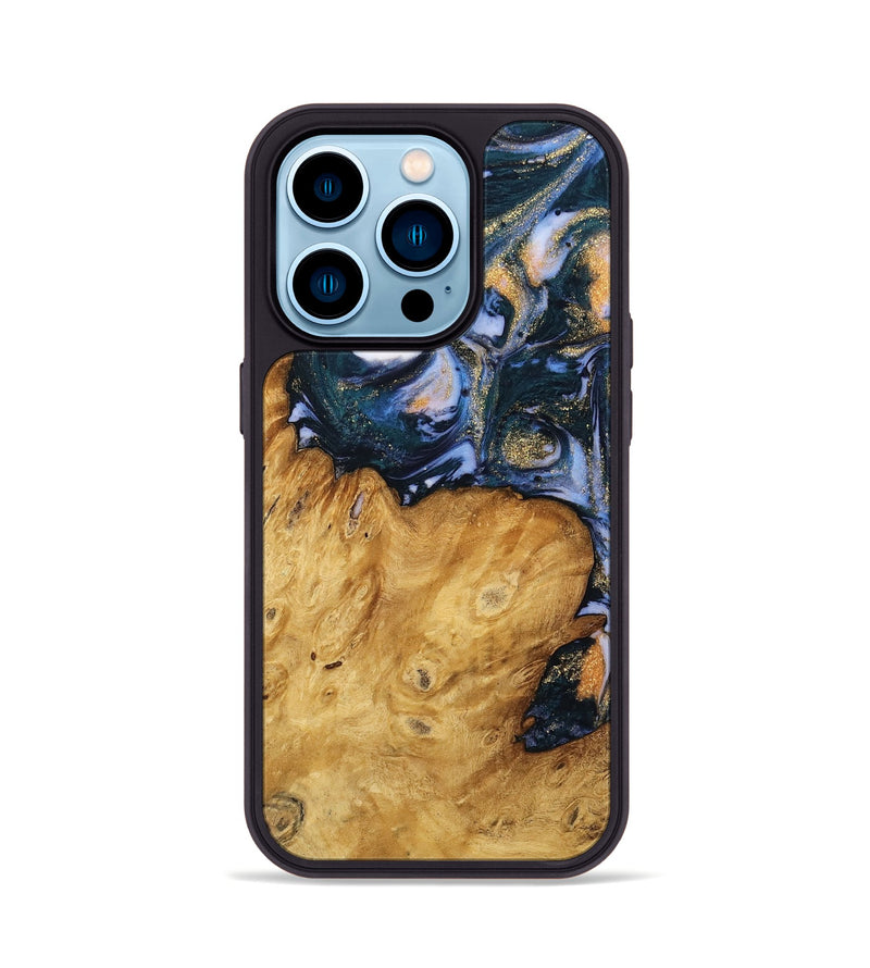 iPhone 14 Pro Wood Phone Case - Katey (Teal & Gold, 739804)